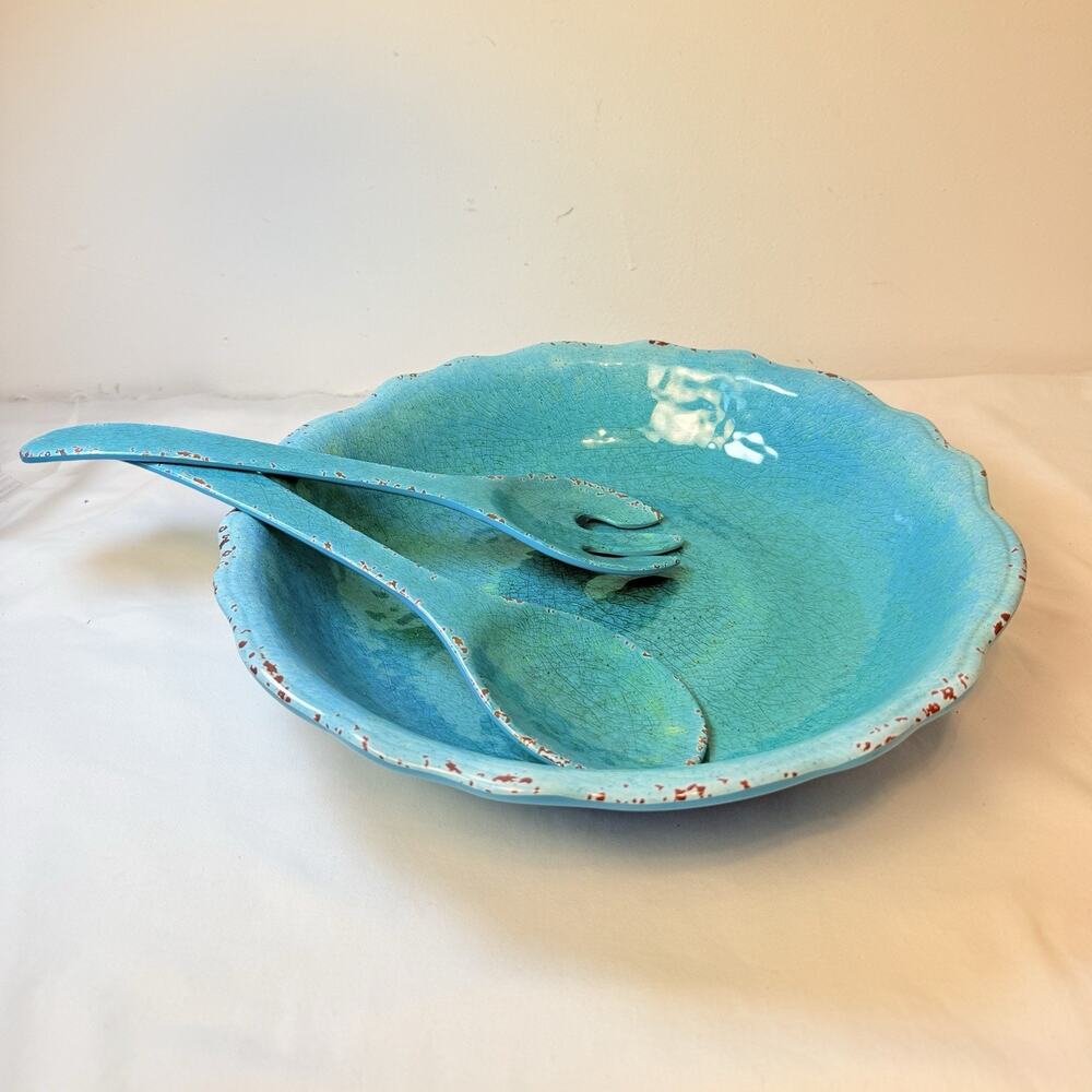 Pier 1 CARMELO Aqua Blue Cereal Salad Bowl With Utensils Crackle Melamine